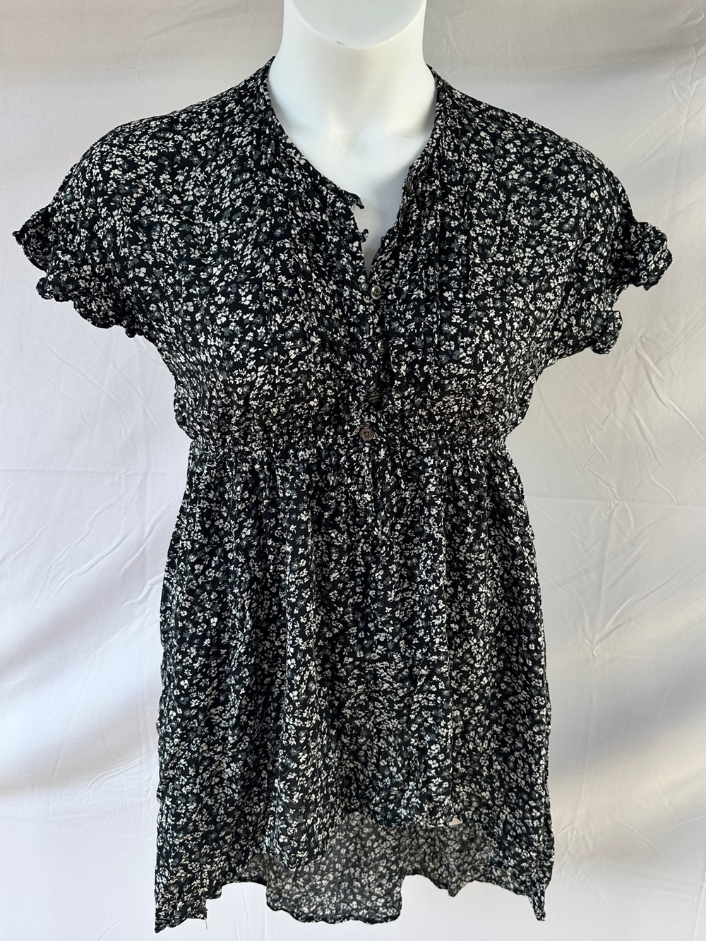 Maurices XS Black Floral Button Front Tie Waist High Low Midi Dress Rayon
